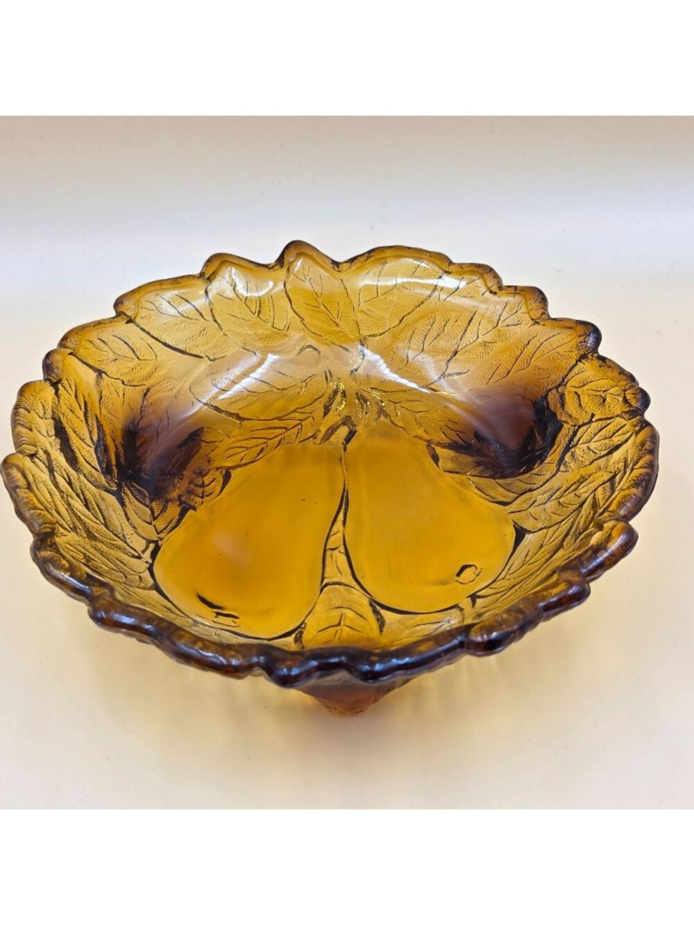 Tiara Sweet Pear Burnt Honey Amber Glass 3 Footed Bowl Indiana Glas